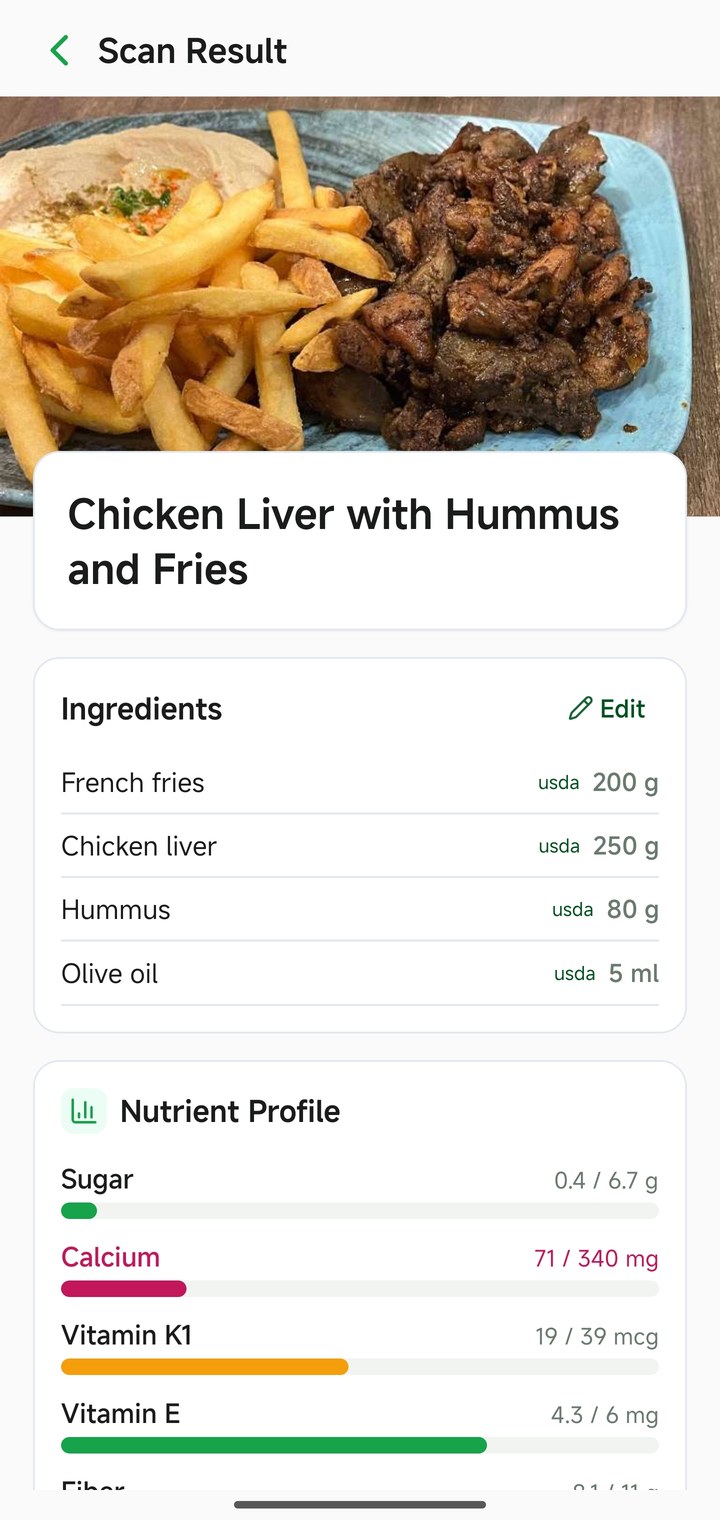 Youngr scan result showing chicken liver with hummus and fries, ingredients list, and nutrient profile